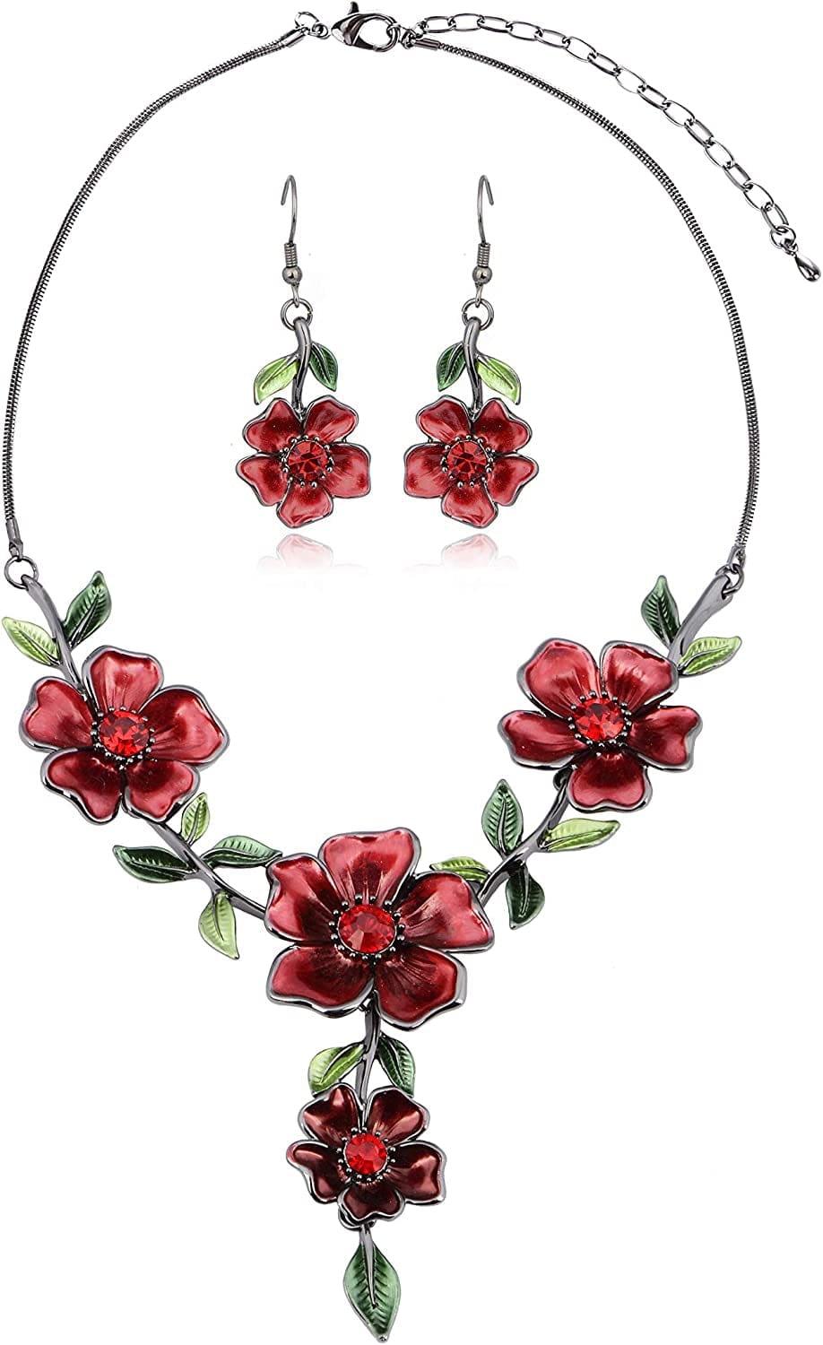Vintage Statement Jewelry Set - Spring Leaf Flower Floral Plant Necklace Earring Set Crystal Rhinestone Fashion Costume Jewelry for Women Prom Party Unique Gift Red Flower Green Leaf