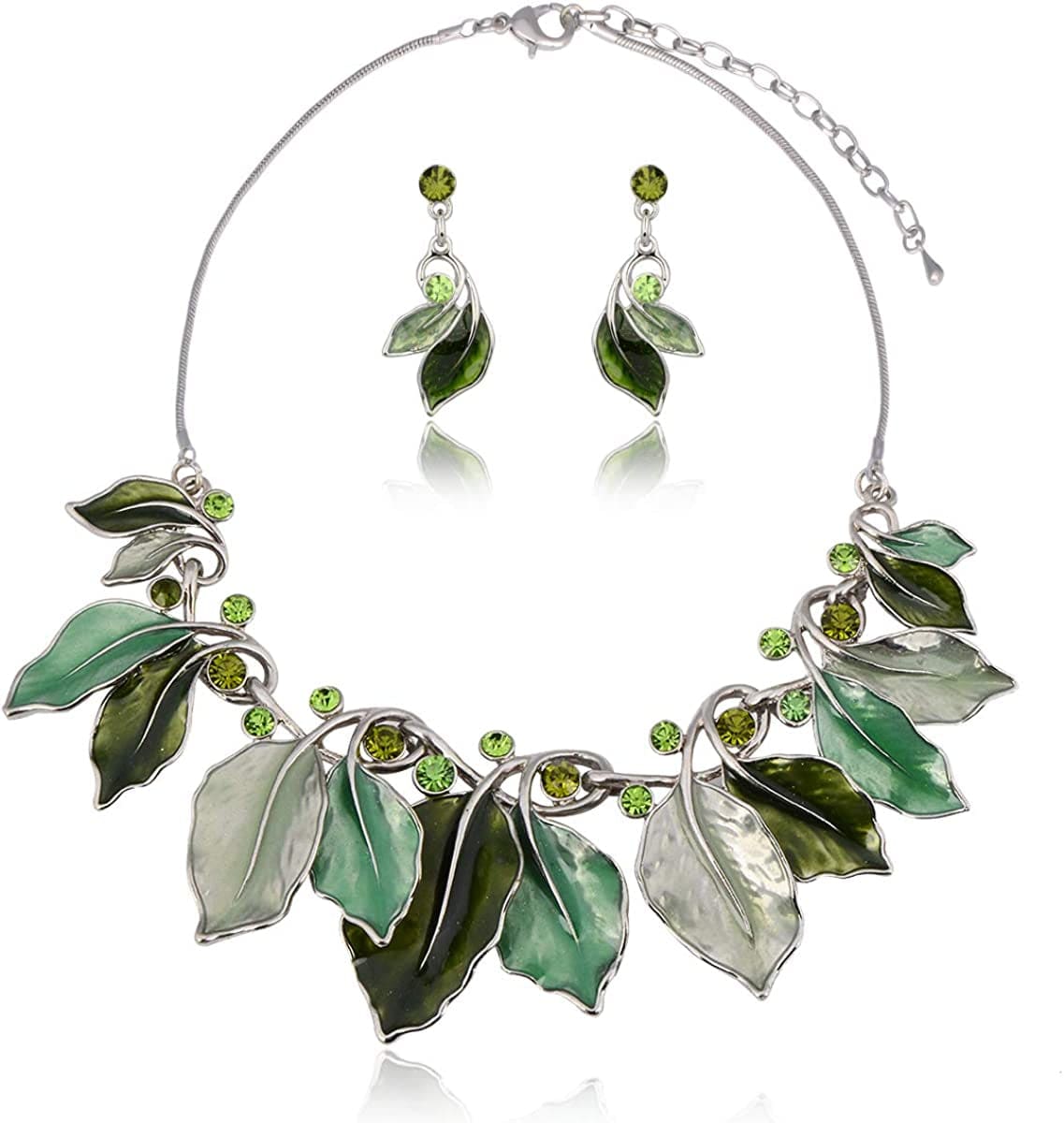 Vintage Statement Jewelry Set - Spring Leaf Flower Floral Plant Necklace Earring Set Crystal Rhinestone Fashion Costume Jewelry for Women Prom Party Unique Gift Maple Leaf Jewelry Set Green