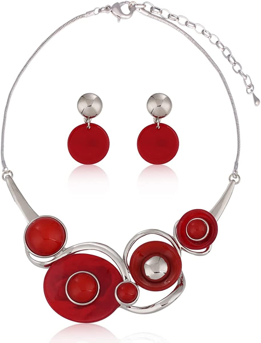 Vintage Statement Jewelry Set - Spring Leaf Flower Floral Plant Necklace Earring Set Crystal Rhinestone Fashion Costume Jewelry for Women Prom Party Unique Gift ML Geometric Round Jewelry Set-Red