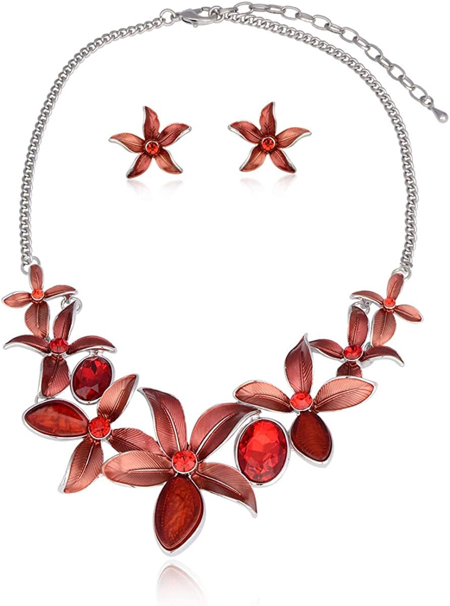 Vintage Statement Jewelry Set - Spring Leaf Flower Floral Plant Necklace Earring Set Crystal Rhinestone Fashion Costume Jewelry for Women Prom Party Unique Gift Flower Jewelry Set Red