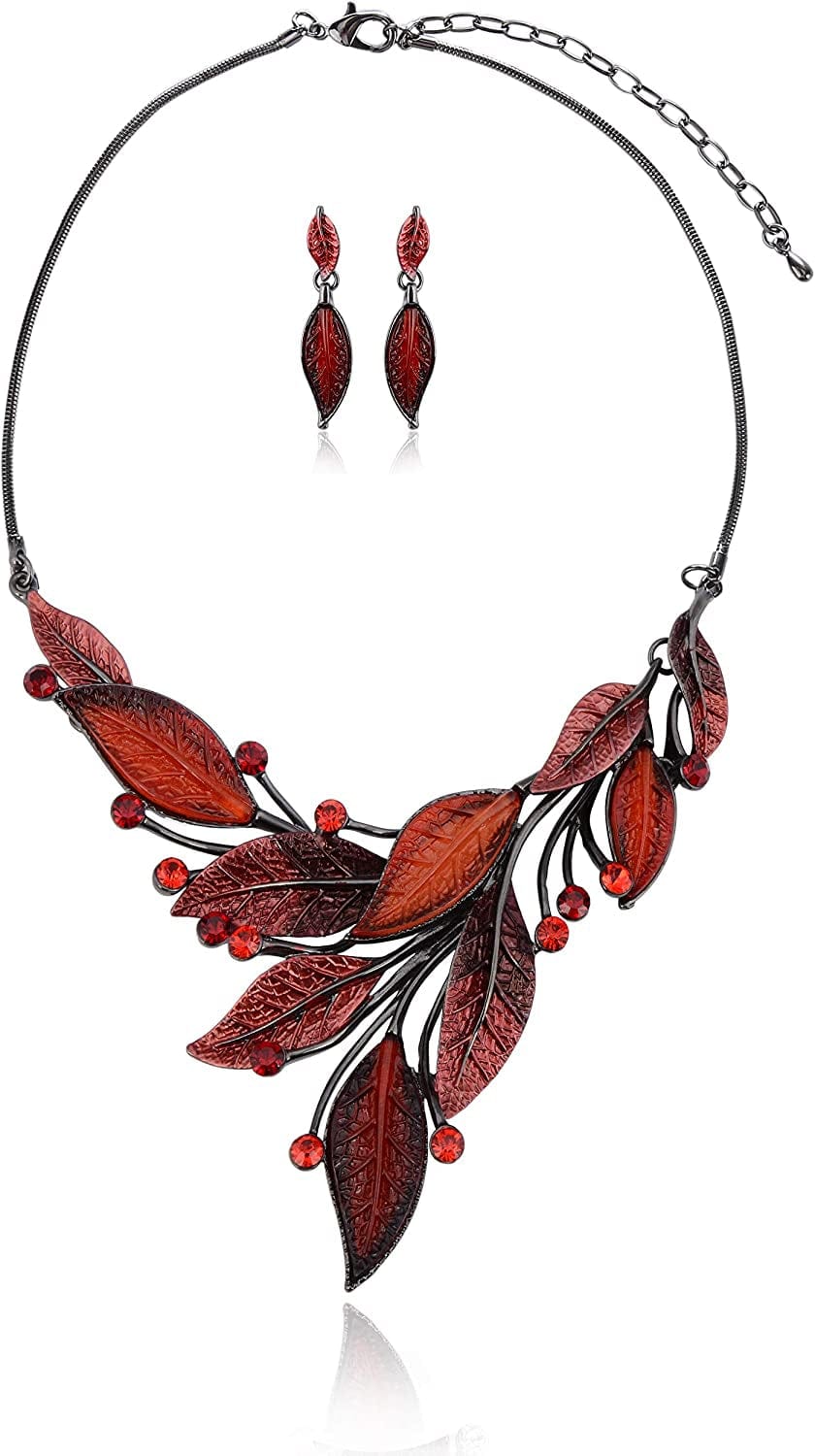 Vintage Statement Jewelry Set - Spring Leaf Flower Floral Plant Necklace Earring Set Crystal Rhinestone Fashion Costume Jewelry for Women Prom Party Unique Gift Red Leaf Jewelry Set