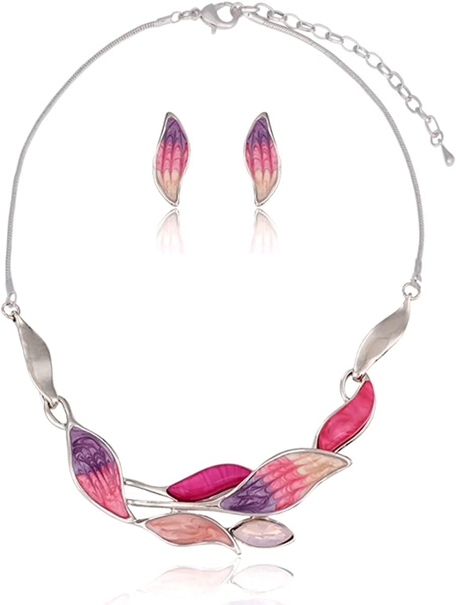 Vintage Statement Jewelry Set - Spring Leaf Flower Floral Plant Necklace Earring Set Crystal Rhinestone Fashion Costume Jewelry for Women Prom Party Unique Gift ML Leaf Jewelry Set-Fuschia