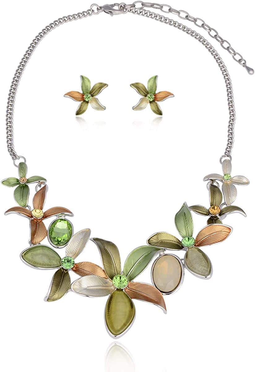 Vintage Statement Jewelry Set - Spring Leaf Flower Floral Plant Necklace Earring Set Crystal Rhinestone Fashion Costume Jewelry for Women Prom Party Unique Gift Flower Jewelry Set Green