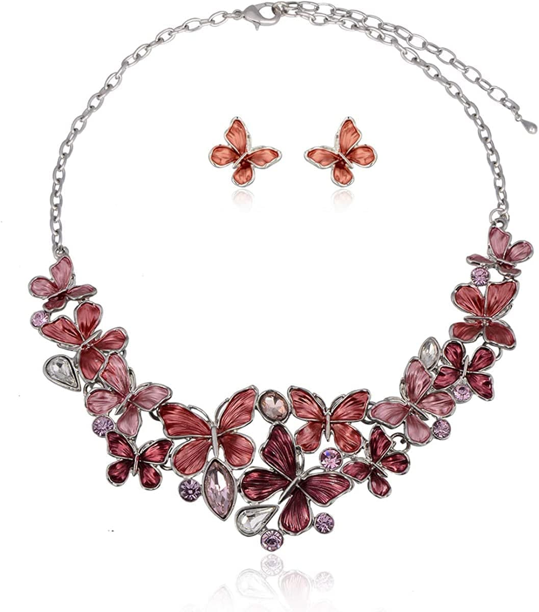 Vintage Statement Jewelry Set - Spring Leaf Flower Floral Plant Necklace Earring Set Crystal Rhinestone Fashion Costume Jewelry for Women Prom Party Unique Gift Butterfly Jewelry Set Red