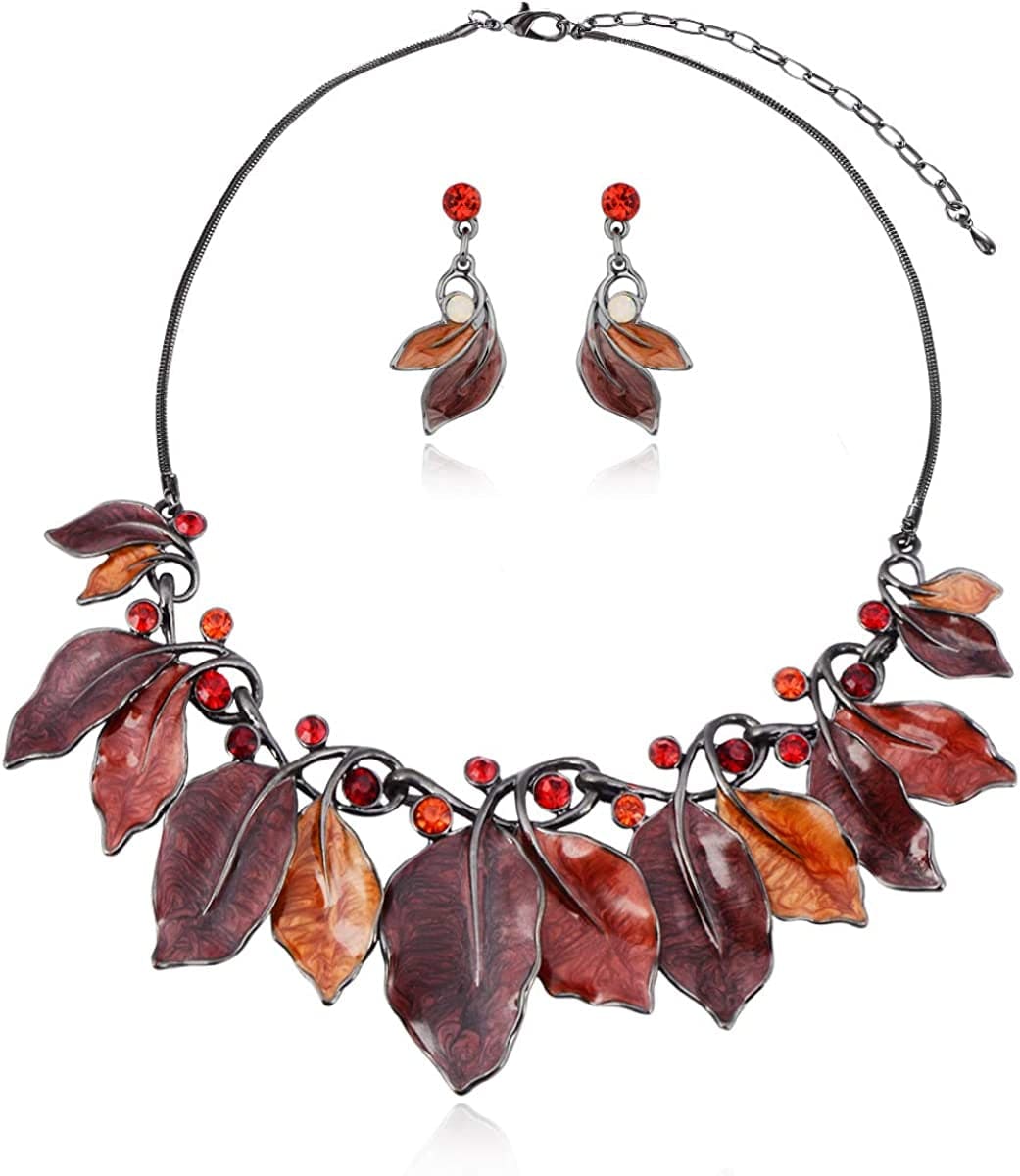 Vintage Statement Jewelry Set - Spring Leaf Flower Floral Plant Necklace Earring Set Crystal Rhinestone Fashion Costume Jewelry for Women Prom Party Unique Gift Maple Leaf Jewelry Set Red