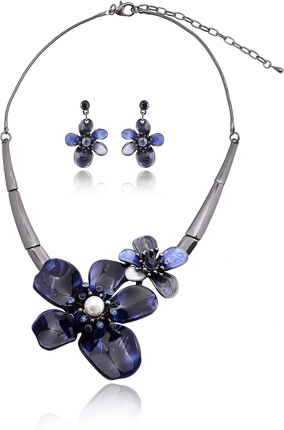 Vintage Statement Jewelry Set - Spring Leaf Flower Floral Plant Necklace Earring Set Crystal Rhinestone Fashion Costume Jewelry for Women Prom Party Unique Gift 2 Flower Jewelry Set Blue