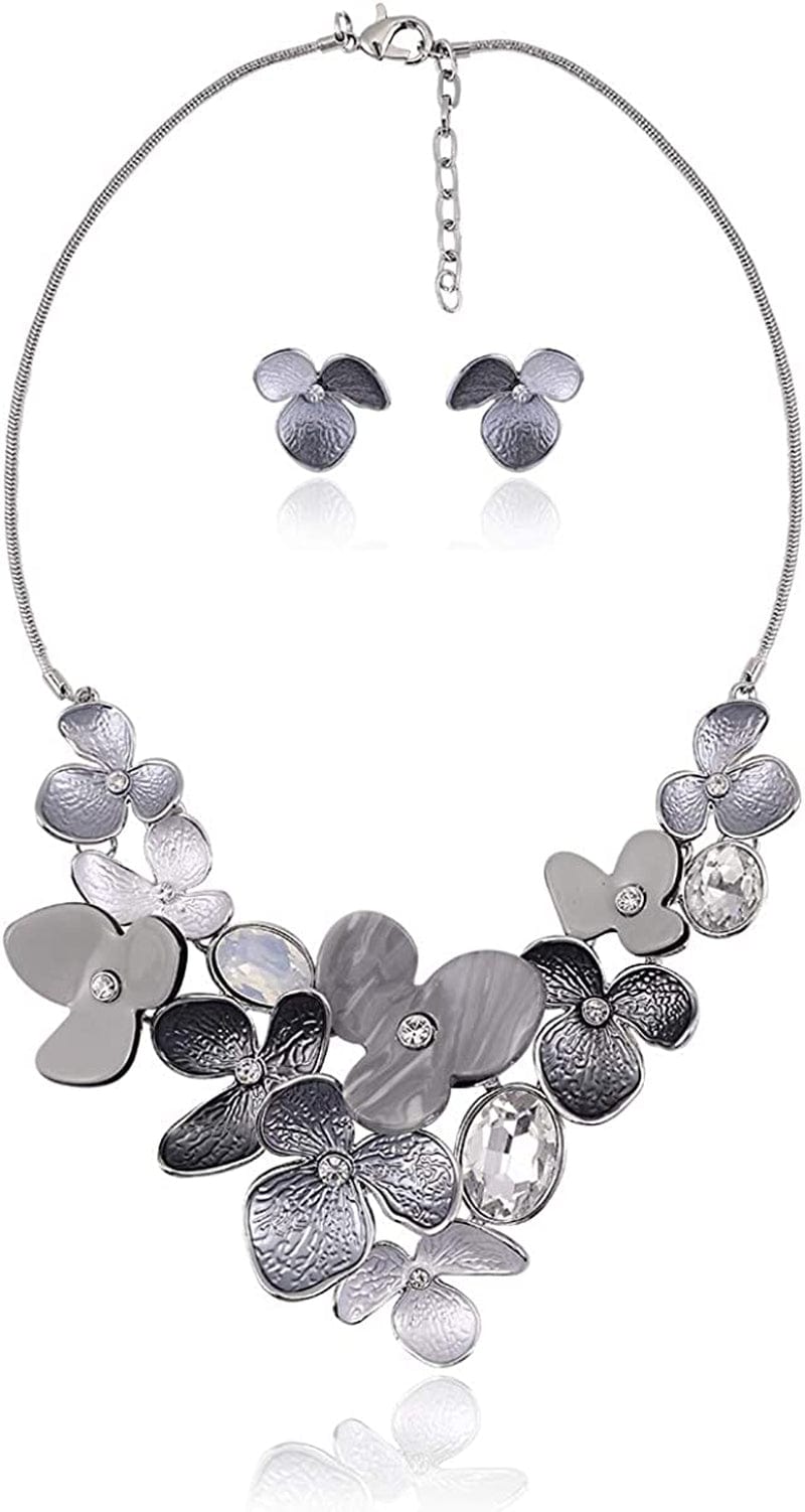 Vintage Statement Jewelry Set - Spring Leaf Flower Floral Plant Necklace Earring Set Crystal Rhinestone Fashion Costume Jewelry for Women Prom Party Unique Gift meilian flower jewelry set grey