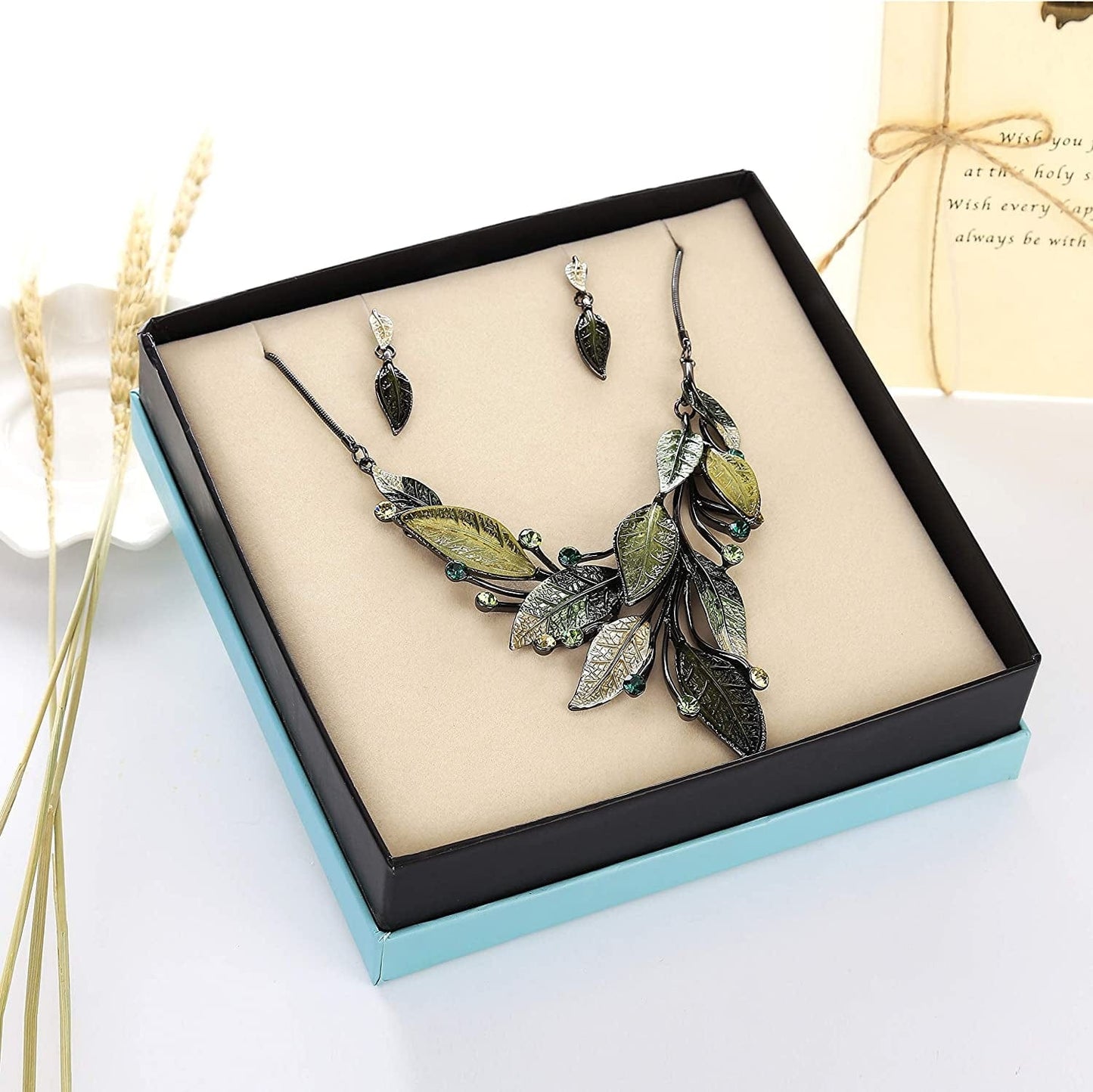 Vintage Statement Jewelry Set - Spring Leaf Flower Floral Plant Necklace Earring Set Crystal Rhinestone Fashion Costume Jewelry for Women Prom Party Unique Gift