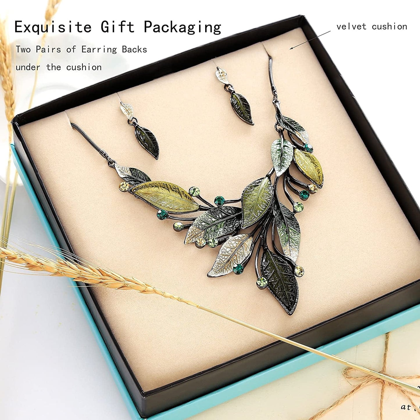 Vintage Statement Jewelry Set - Spring Leaf Flower Floral Plant Necklace Earring Set Crystal Rhinestone Fashion Costume Jewelry for Women Prom Party Unique Gift