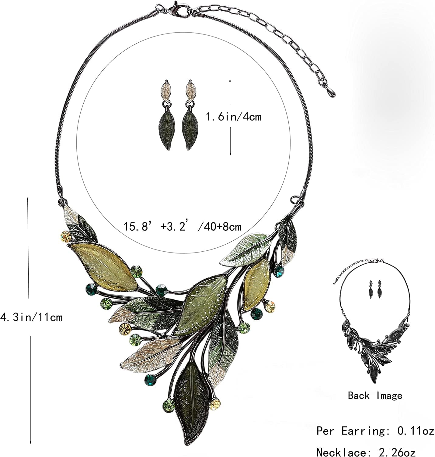 Vintage Statement Jewelry Set - Spring Leaf Flower Floral Plant Necklace Earring Set Crystal Rhinestone Fashion Costume Jewelry for Women Prom Party Unique Gift