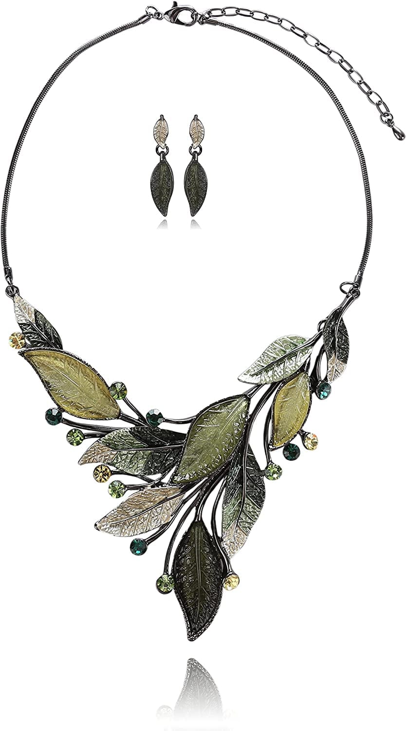 Vintage Statement Jewelry Set - Spring Leaf Flower Floral Plant Necklace Earring Set Crystal Rhinestone Fashion Costume Jewelry for Women Prom Party Unique Gift Green Leaves Jewelry Set