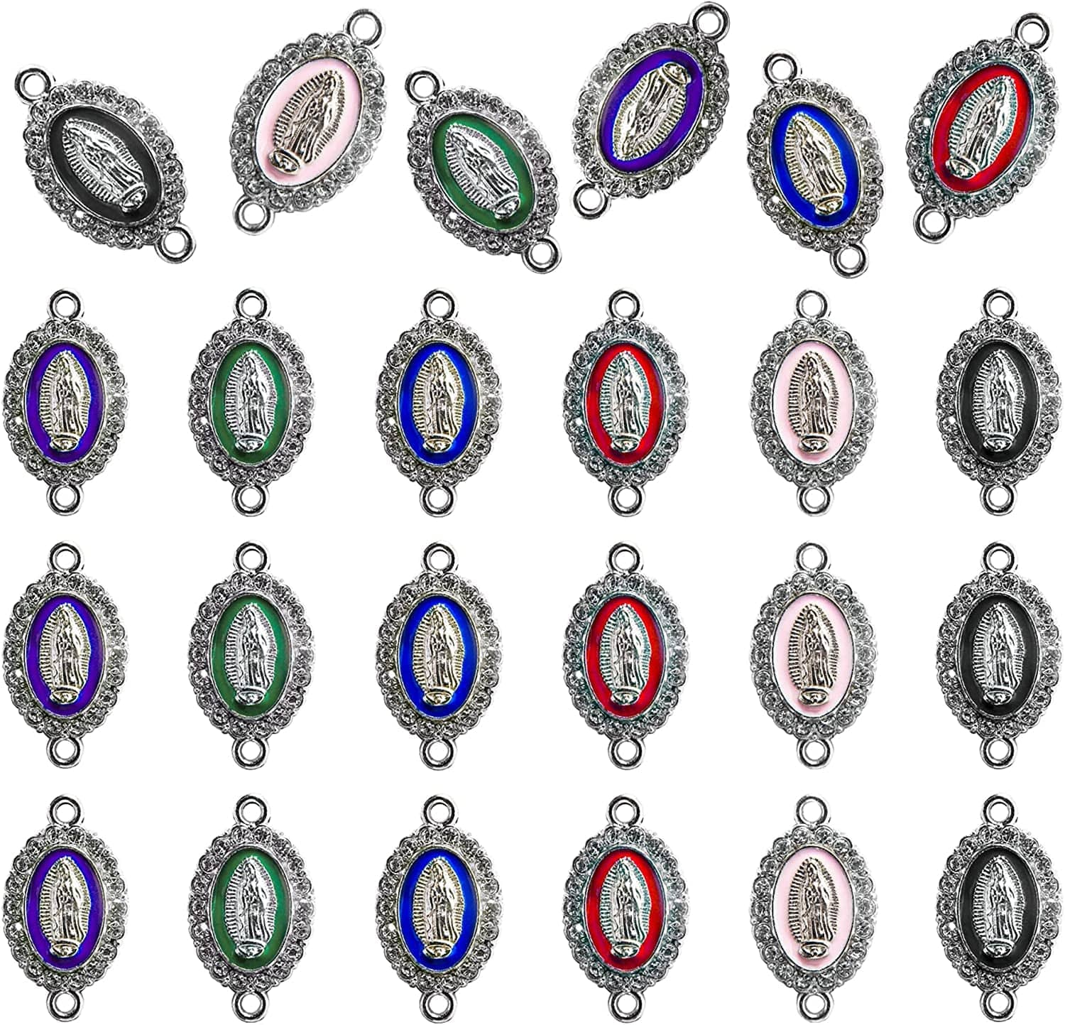 Virgin Mary Charms for Jewelry Making Enamel Mix Color Our Lady Rhinestones Miraculous Medal Alloy Connector Pendants for Necklace Bracelet Earring Making Supplies DIY(24PCS) 1-Silver