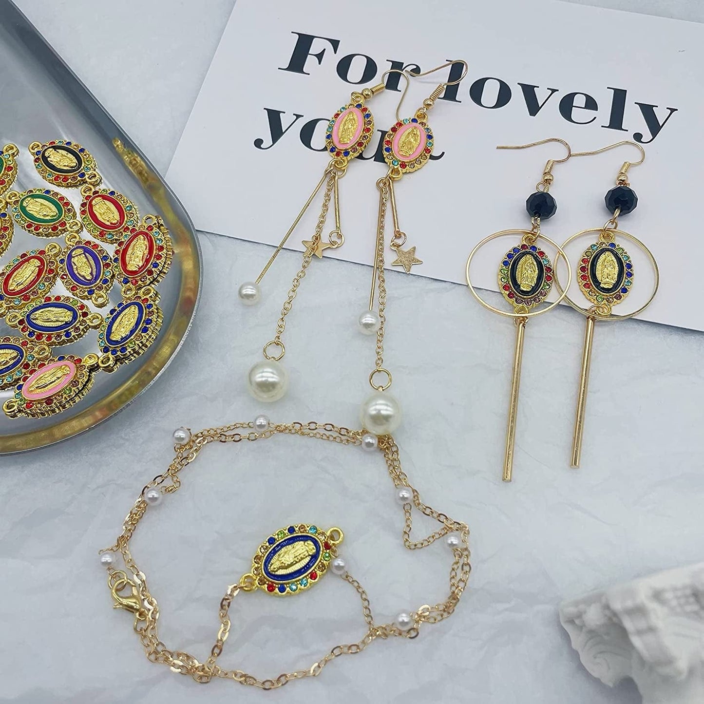 Virgin Mary Charms for Jewelry Making Enamel Mix Color Our Lady Rhinestones Miraculous Medal Alloy Connector Pendants for Necklace Bracelet Earring Making Supplies DIY(24PCS)