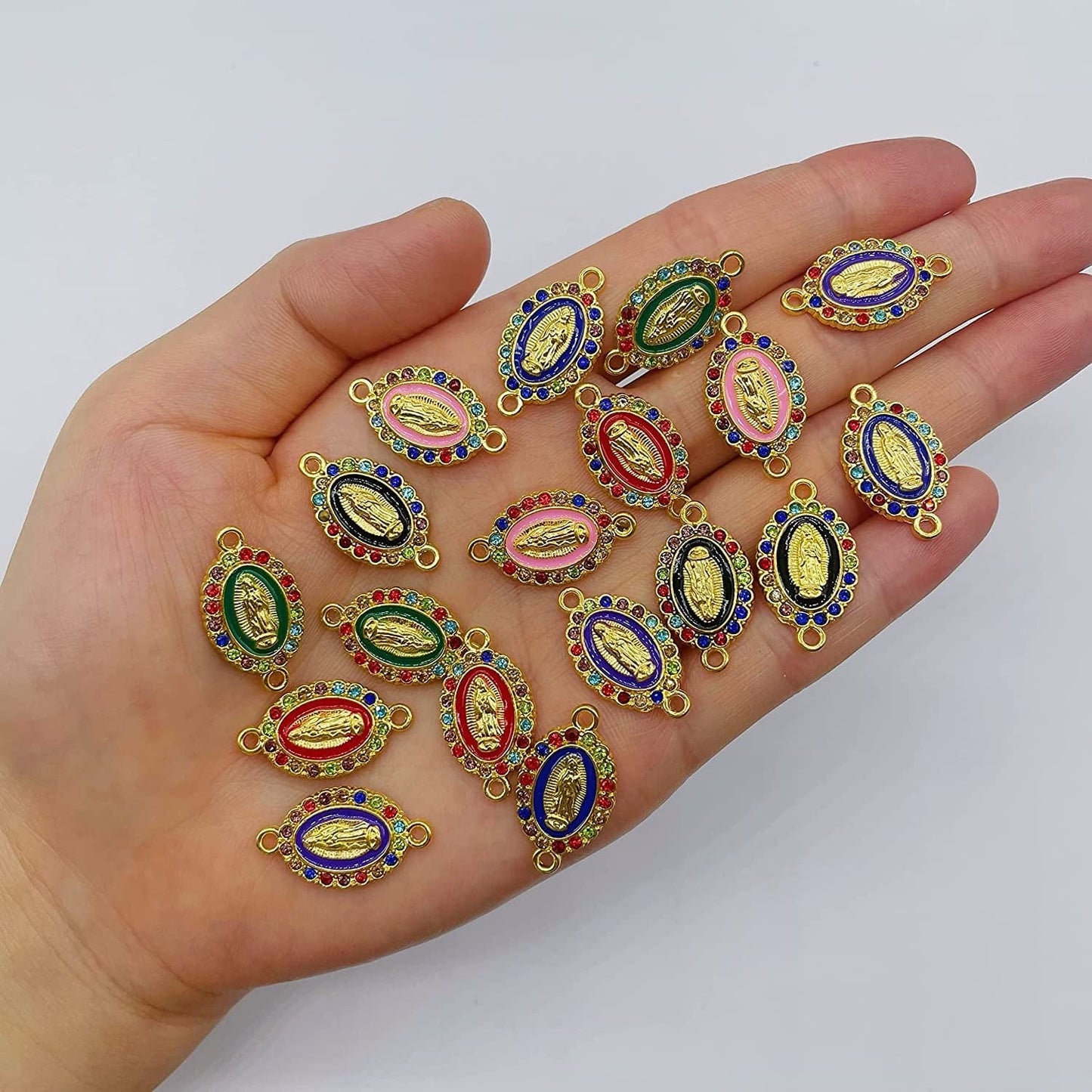 Virgin Mary Charms for Jewelry Making Enamel Mix Color Our Lady Rhinestones Miraculous Medal Alloy Connector Pendants for Necklace Bracelet Earring Making Supplies DIY(24PCS)