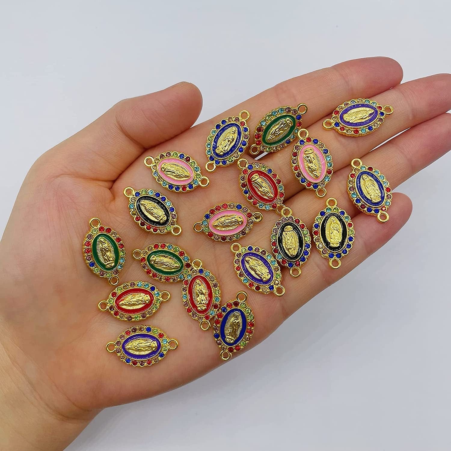 Virgin Mary Charms for Jewelry Making Enamel Mix Color Our Lady Rhinestones Miraculous Medal Alloy Connector Pendants for Necklace Bracelet Earring Making Supplies DIY(24PCS)