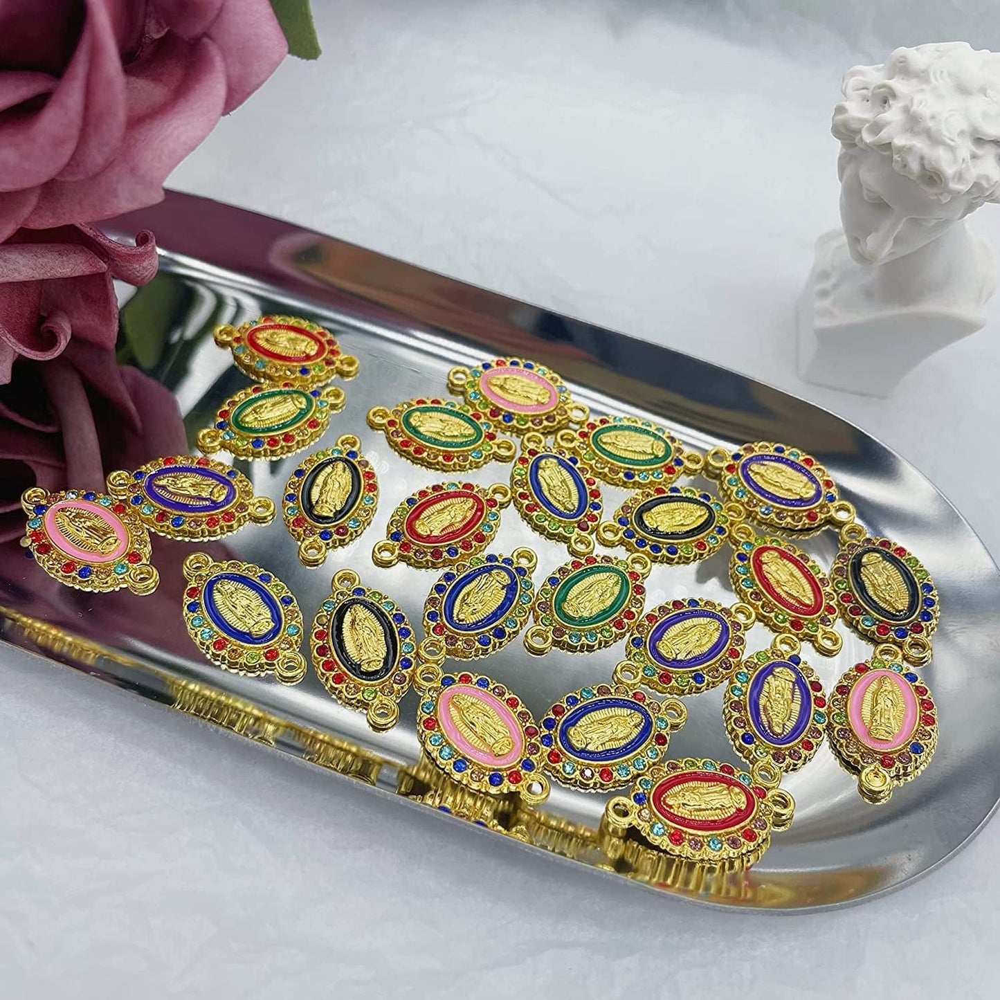 Virgin Mary Charms for Jewelry Making Enamel Mix Color Our Lady Rhinestones Miraculous Medal Alloy Connector Pendants for Necklace Bracelet Earring Making Supplies DIY(24PCS)