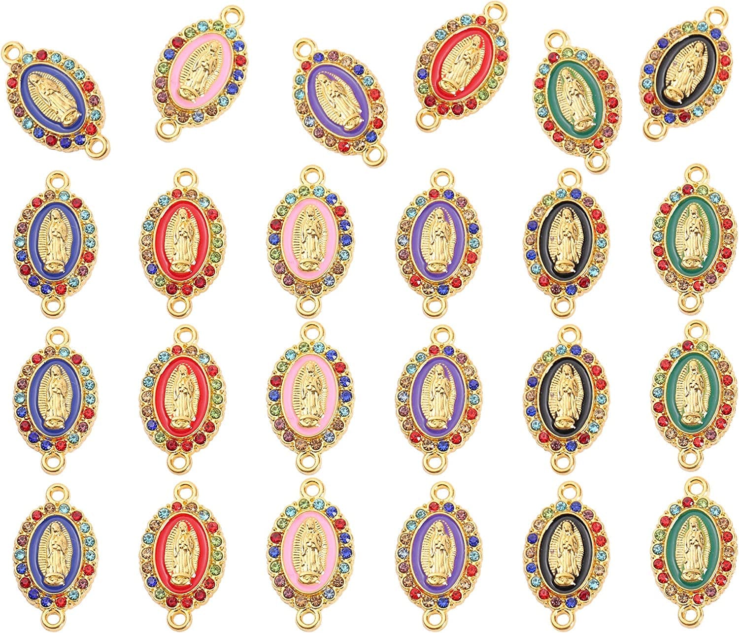 Virgin Mary Charms for Jewelry Making Enamel Mix Color Our Lady Rhinestones Miraculous Medal Alloy Connector Pendants for Necklace Bracelet Earring Making Supplies DIY(24PCS) 2.1-Gold