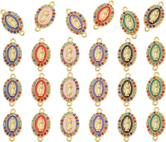 Virgin Mary Charms for Jewelry Making Enamel Mix Color Our Lady Rhinestones Miraculous Medal Alloy Connector Pendants for Necklace Bracelet Earring Making Supplies DIY(24PCS) 2.1-Gold