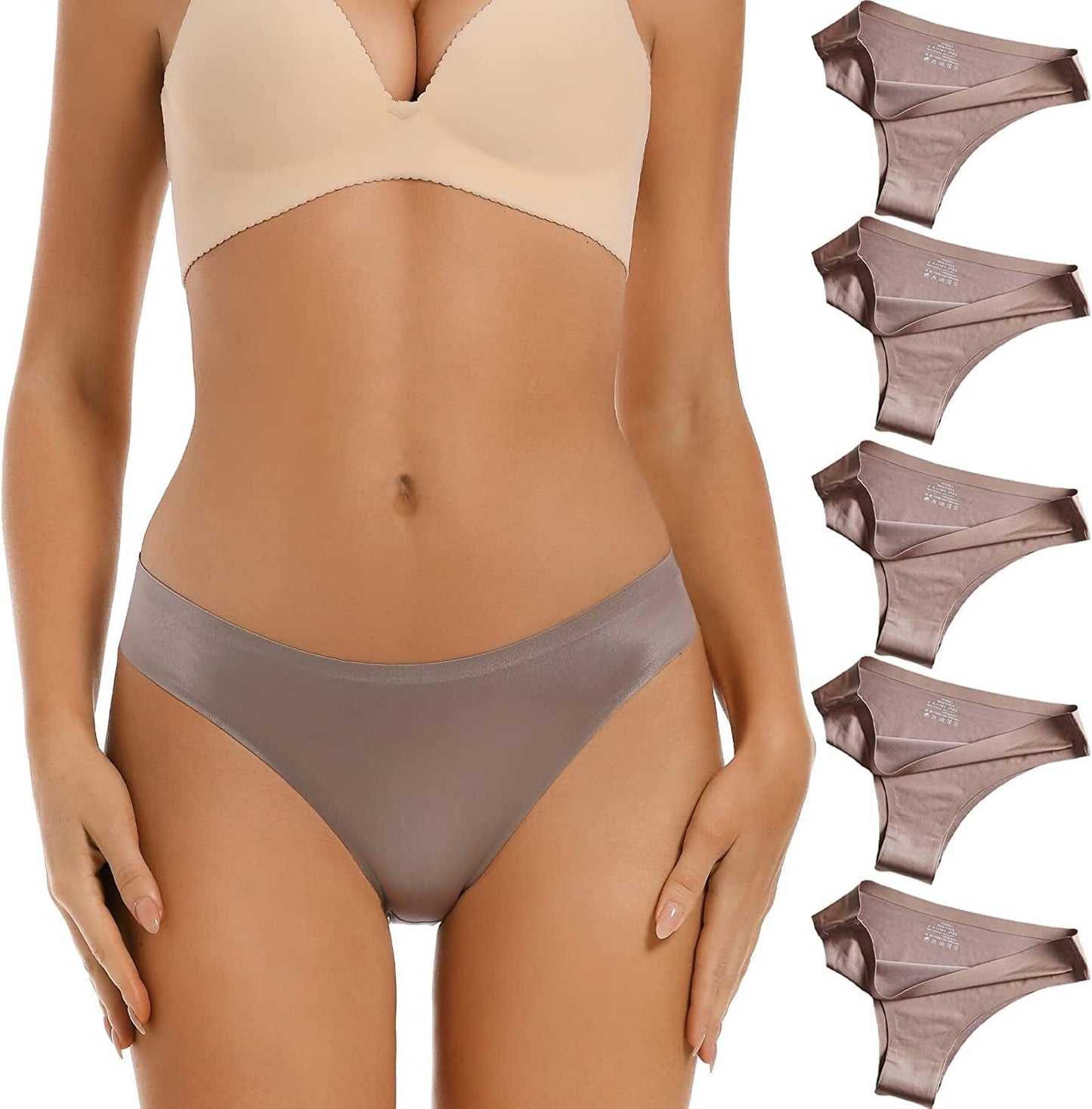 VISSAY Seamless Thongs for Women No Show Panties Underwear Womens Breathable Comfortable Ice Silk Half Back Coverage Panties 3 Brown / Small