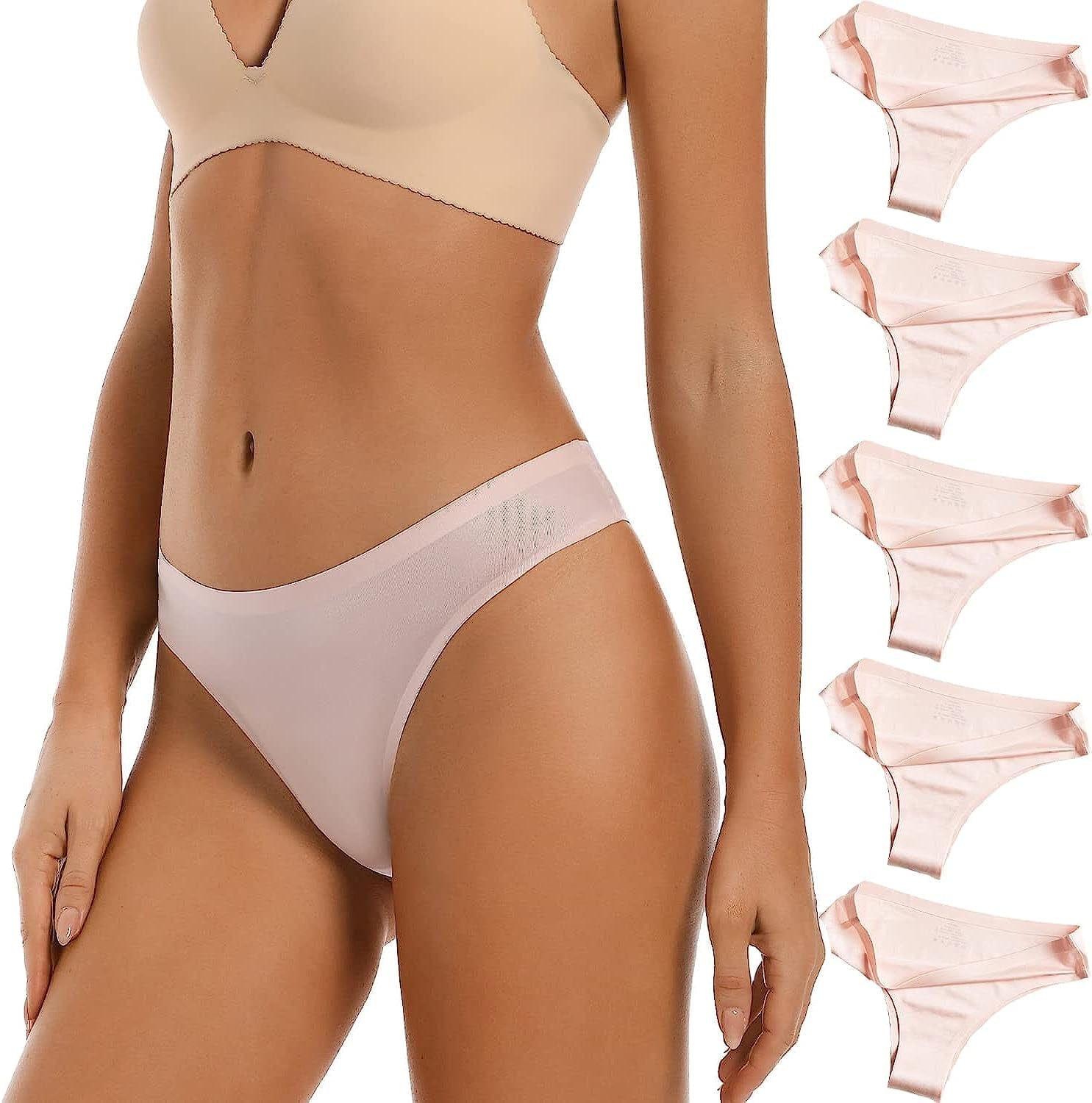 VISSAY Seamless Thongs for Women No Show Panties Underwear Womens Breathable Comfortable Ice Silk Half Back Coverage Panties 5 Pink / Medium