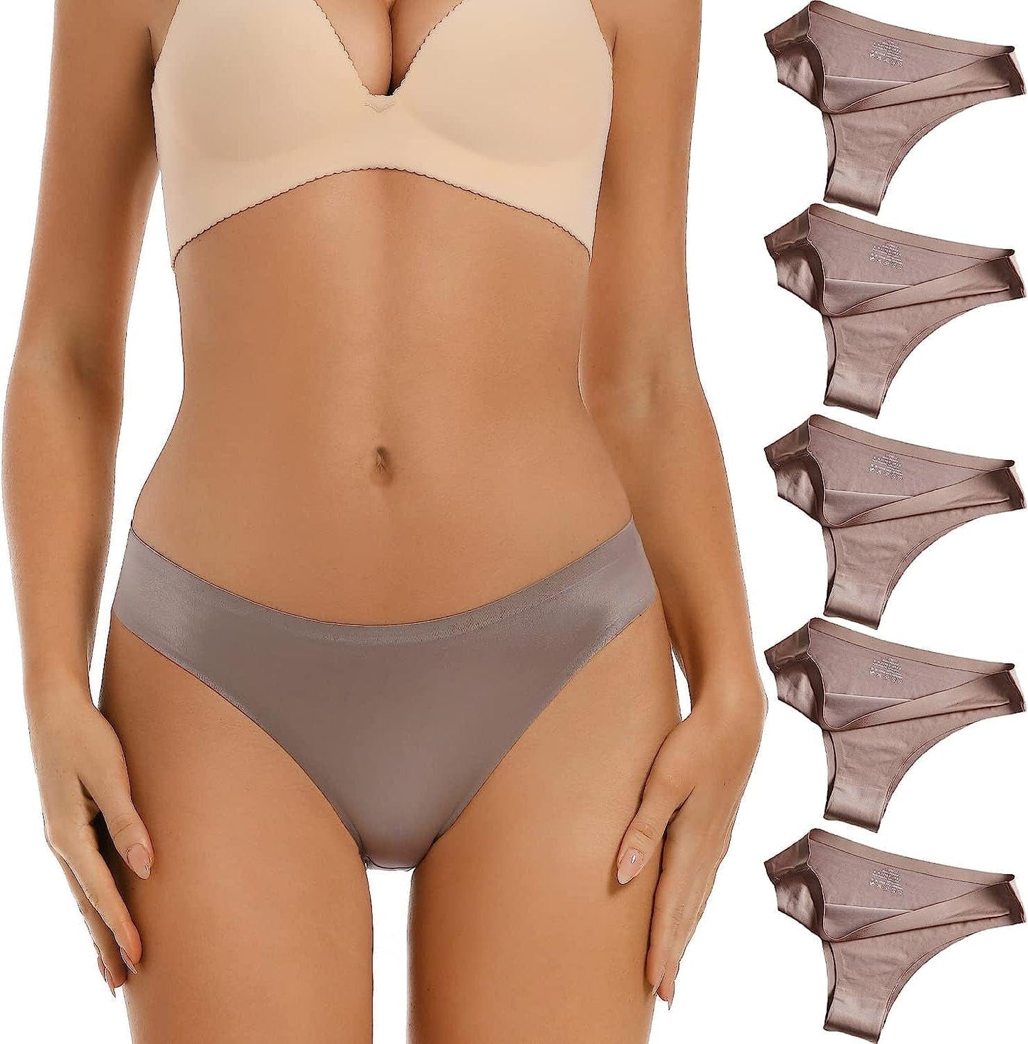 VISSAY Seamless Thongs for Women No Show Panties Underwear Womens Breathable Comfortable Ice Silk Half Back Coverage Panties 3 Brown / X-Large