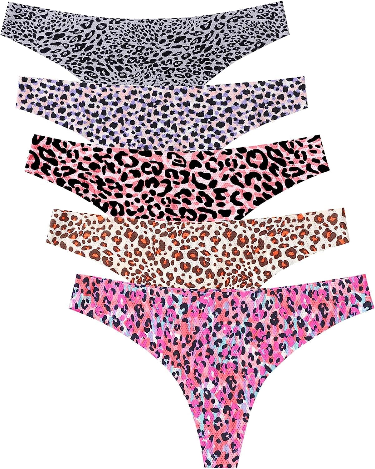 Voenxe Seamless Thongs for Women No Show Thong Underwear Women 5-10 Pack G-5 Pack Leopard Print / Small