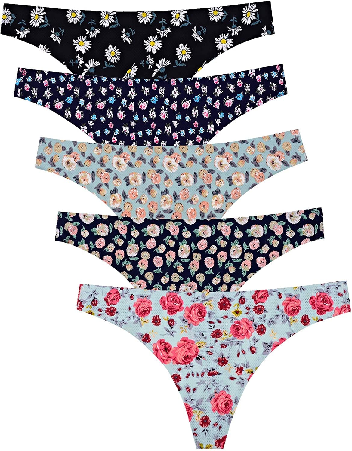 Voenxe Seamless Thongs for Women No Show Thong Underwear Women 5-10 Pack A-5 Pack Floral Design / Medium