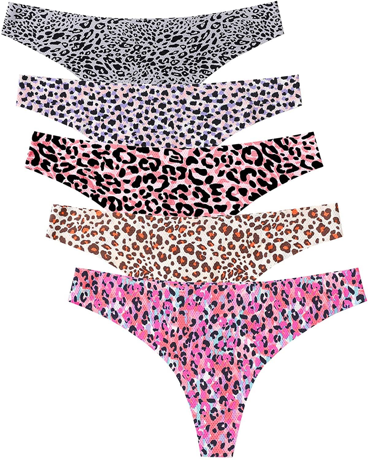 Voenxe Seamless Thongs for Women No Show Thong Underwear Women 5-10 Pack G-5 Pack Leopard Print / Medium