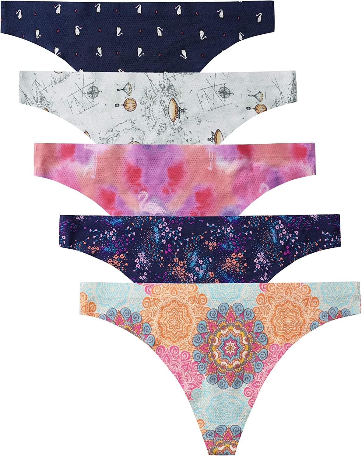 Voenxe Seamless Thongs for Women No Show Thong Underwear Women 5-10 Pack B-5 Pack Pattern Design / Medium
