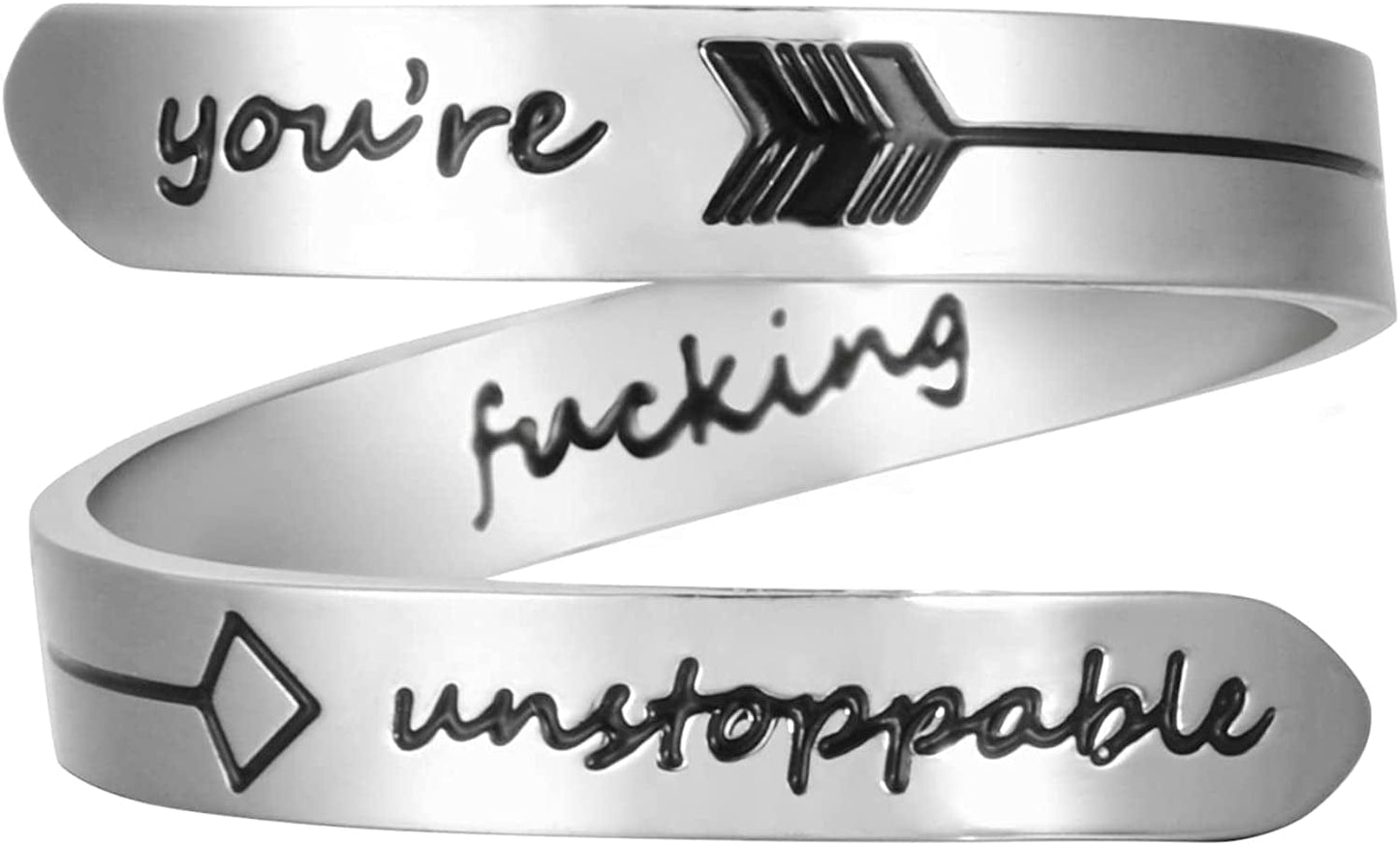 Vrycot Adjustable Inspirational Keep Going Ring Stainless Steel Adjustable Never Giver up Bands Cool Stacking Opening Gift for Women Statement You're F Unstoppable