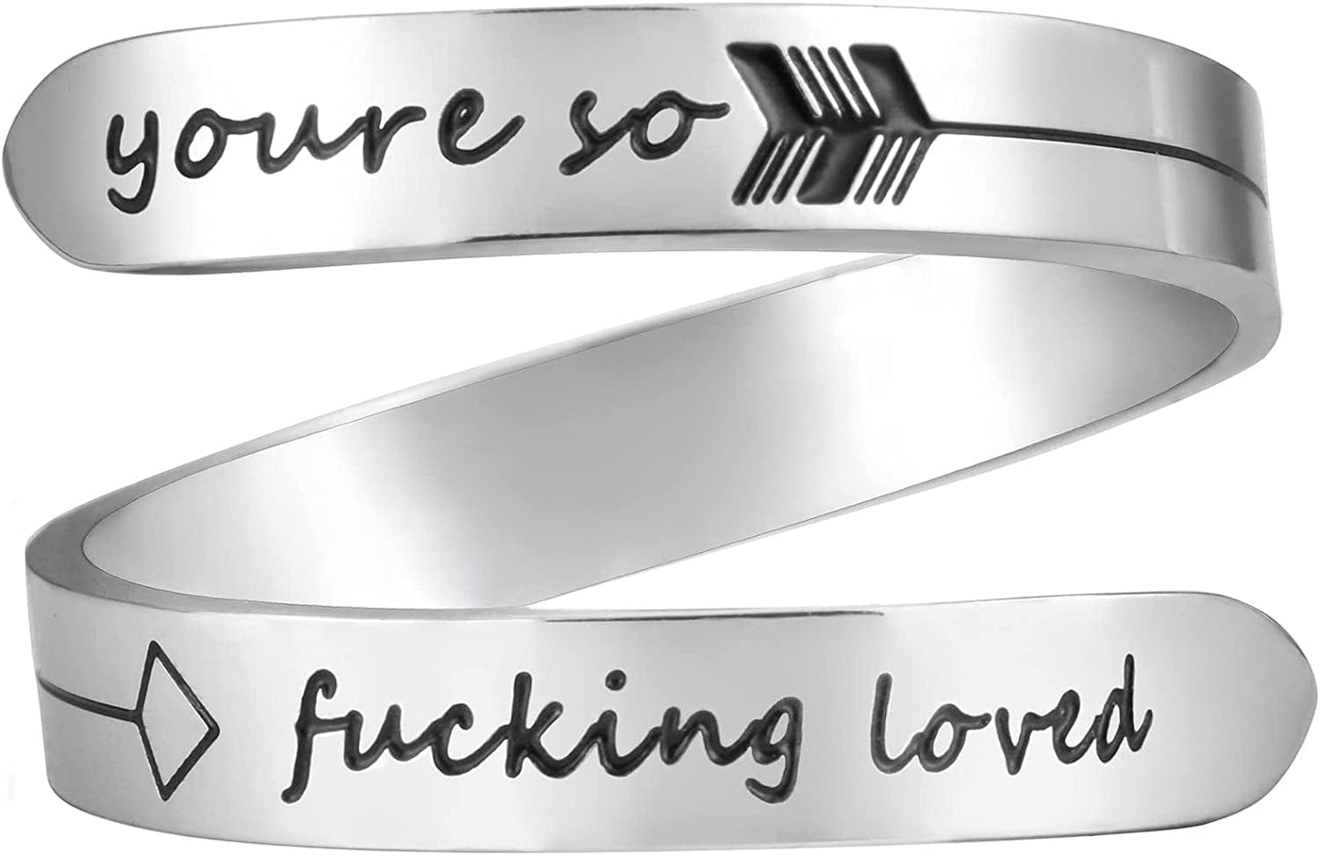 Vrycot Adjustable Inspirational Keep Going Ring Stainless Steel Adjustable Never Giver up Bands Cool Stacking Opening Gift for Women Statement You're so f loved
