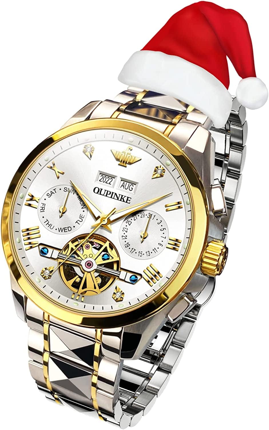 Watches for Men Luxury Automatic Mechanical Tungsten Steel Casual Luminous Formal Wristwatch Skeleton Waterproof Sapphire Calendar Best Gifts for Men Watch White