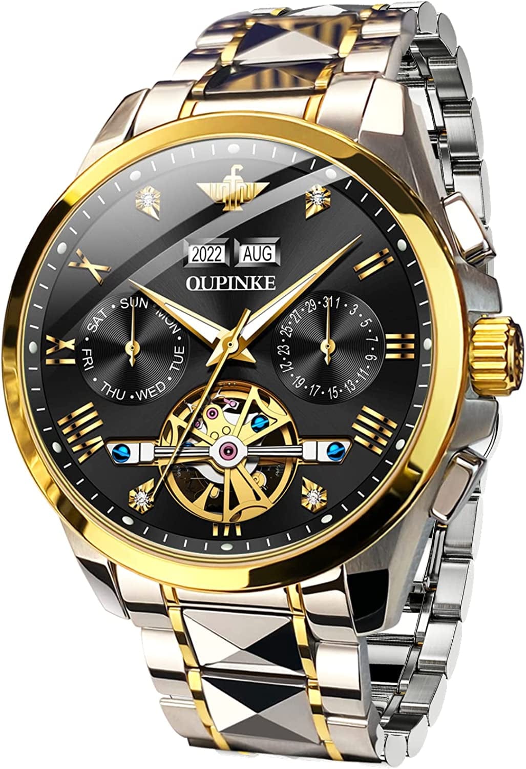 Watches for Men Luxury Automatic Mechanical Tungsten Steel Casual Luminous Formal Wristwatch Skeleton Waterproof Sapphire Calendar Best Gifts for Men Watch Black-1