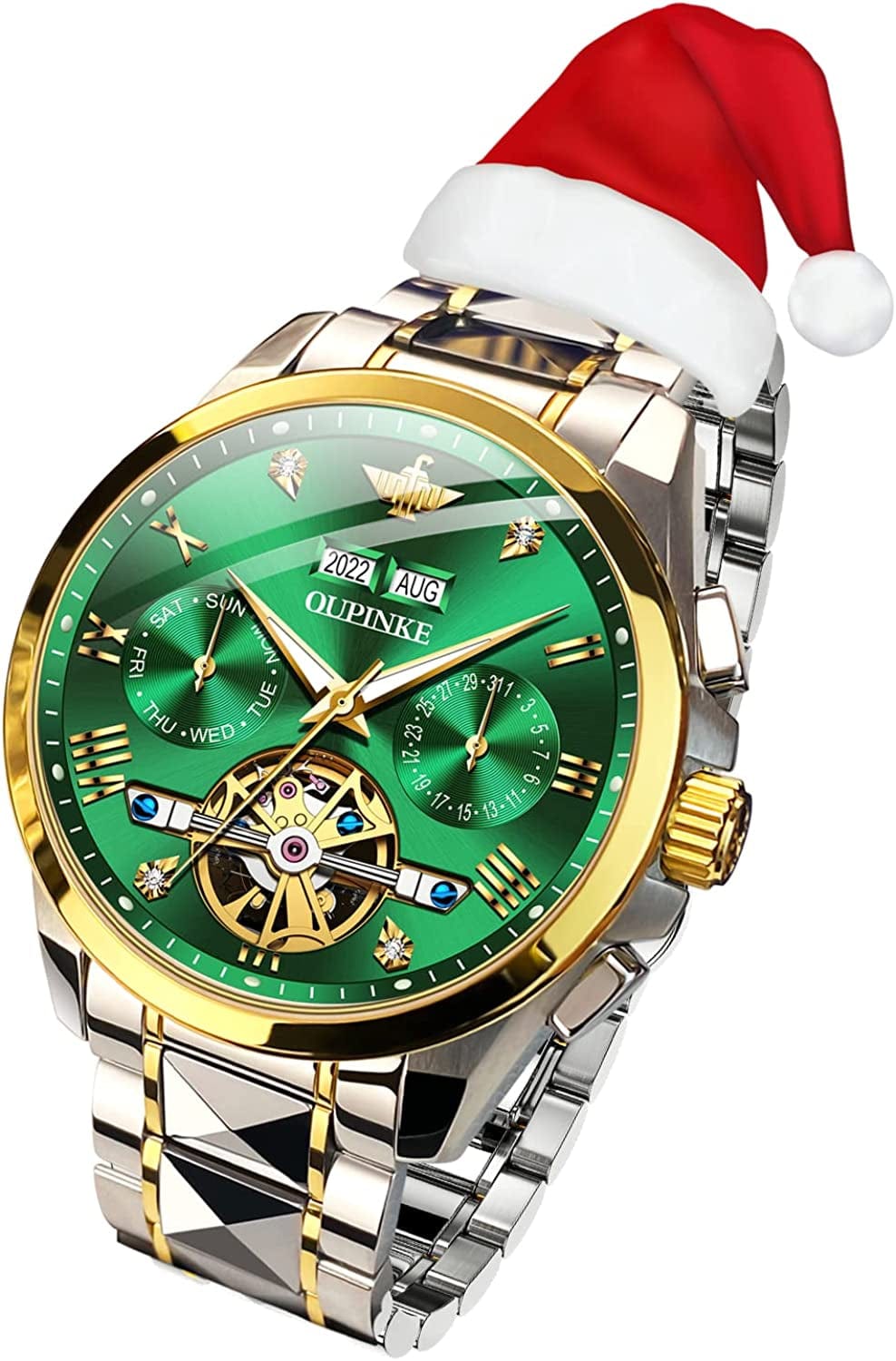 Watches for Men Luxury Automatic Mechanical Tungsten Steel Casual Luminous Formal Wristwatch Skeleton Waterproof Sapphire Calendar Best Gifts for Men Watch Green