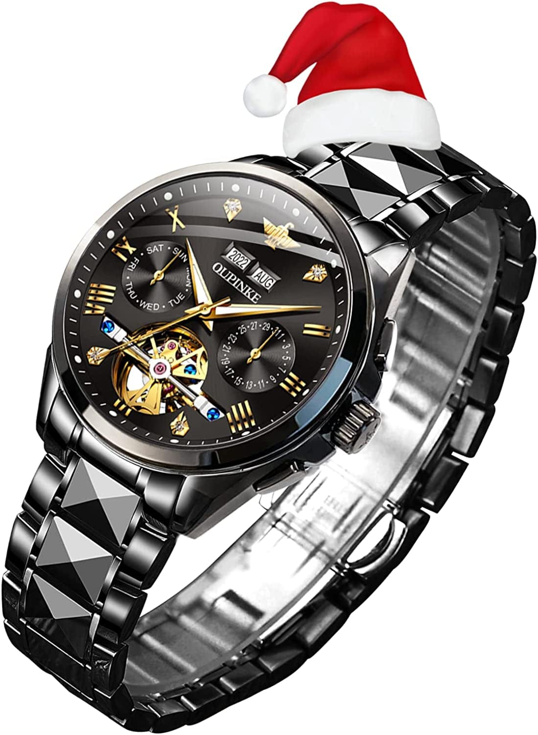 Watches for Men Luxury Automatic Mechanical Tungsten Steel Casual Luminous Formal Wristwatch Skeleton Waterproof Sapphire Calendar Best Gifts for Men Watch all black