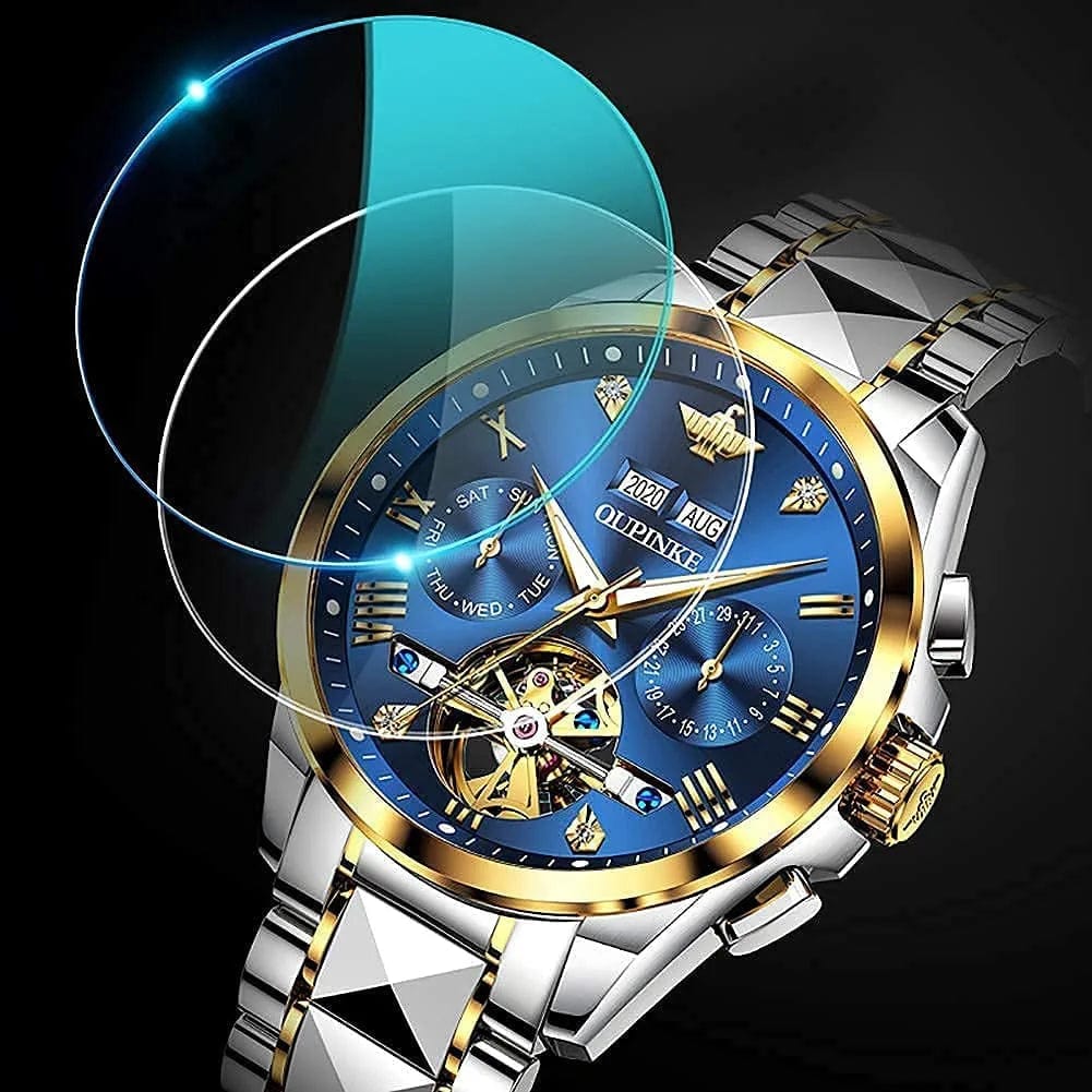 Watches for Men Luxury Automatic Mechanical Tungsten Steel Casual Luminous Formal Wristwatch Skeleton Waterproof Sapphire Calendar Best Gifts for Men Watch