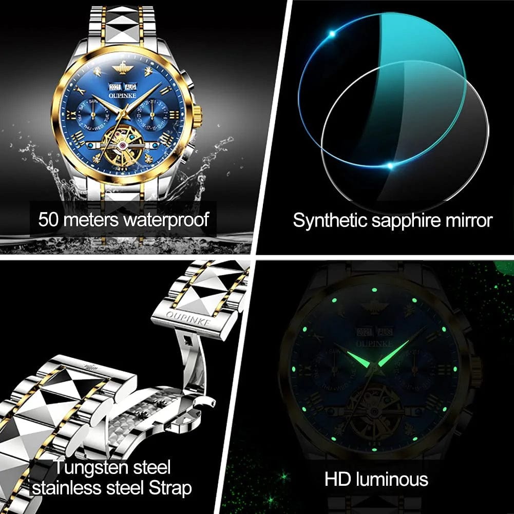 Watches for Men Luxury Automatic Mechanical Tungsten Steel Casual Luminous Formal Wristwatch Skeleton Waterproof Sapphire Calendar Best Gifts for Men Watch