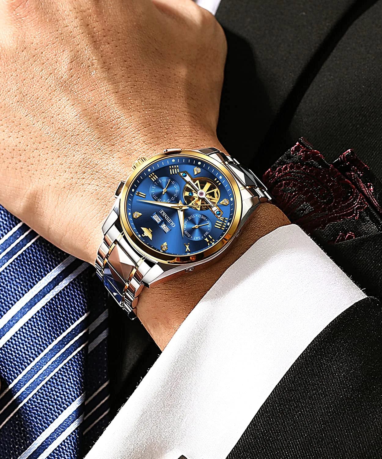 Watches for Men Luxury Automatic Mechanical Tungsten Steel Casual Luminous Formal Wristwatch Skeleton Waterproof Sapphire Calendar Best Gifts for Men Watch