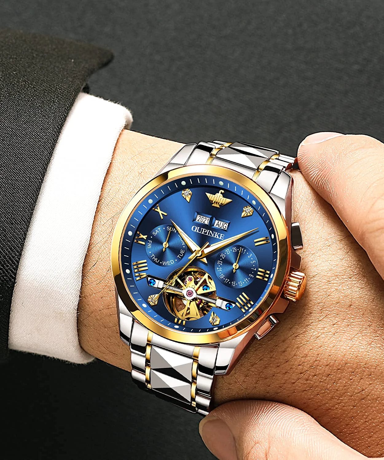 Watches for Men Luxury Automatic Mechanical Tungsten Steel Casual Luminous Formal Wristwatch Skeleton Waterproof Sapphire Calendar Best Gifts for Men Watch