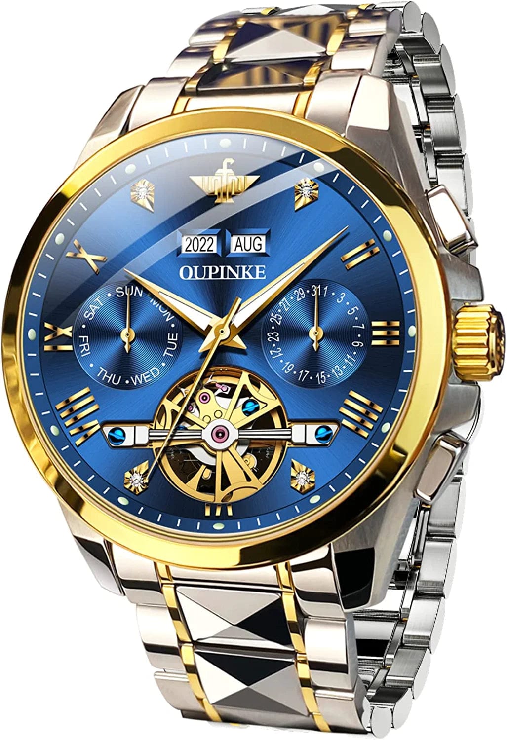 Watches for Men Luxury Automatic Mechanical Tungsten Steel Casual Luminous Formal Wristwatch Skeleton Waterproof Sapphire Calendar Best Gifts for Men Watch Blue