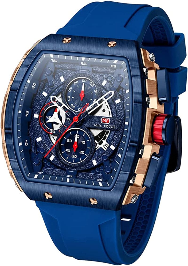 Watches for Men Luxury Skeleton Tonneau Watch for Men Waterproof Adjustable Silicone Strap Steampunk Style Chronograph Calendar Date Business Luminous Cool Large Square Face Wristwatch E-Blue