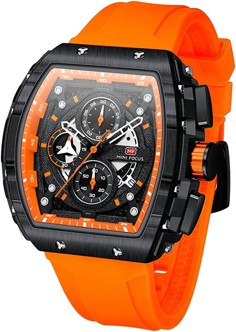 Watches for Men Luxury Skeleton Tonneau Watch for Men Waterproof Adjustable Silicone Strap Steampunk Style Chronograph Calendar Date Business Luminous Cool Large Square Face Wristwatch E-Orange