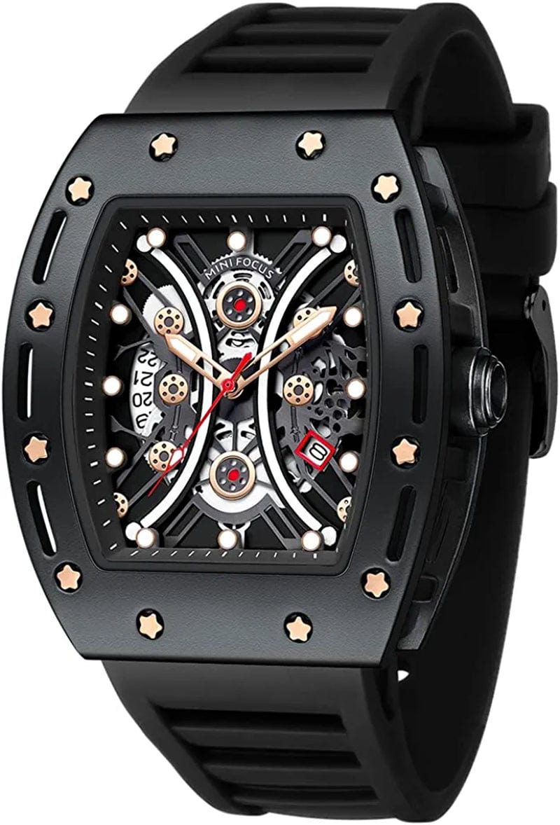 Watches for Men Luxury Skeleton Tonneau Watch for Men Waterproof Adjustable Silicone Strap Steampunk Style Chronograph Calendar Date Business Luminous Cool Large Square Face Wristwatch Black