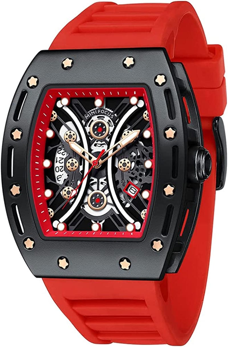 Watches for Men Luxury Skeleton Tonneau Watch for Men Waterproof Adjustable Silicone Strap Steampunk Style Chronograph Calendar Date Business Luminous Cool Large Square Face Wristwatch Red