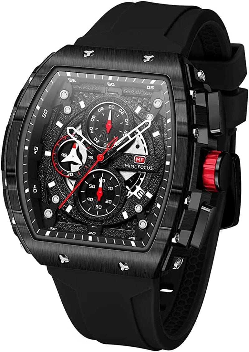 Watches for Men Luxury Skeleton Tonneau Watch for Men Waterproof Adjustable Silicone Strap Steampunk Style Chronograph Calendar Date Business Luminous Cool Large Square Face Wristwatch E-Black