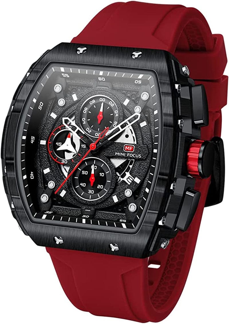 Watches for Men Luxury Skeleton Tonneau Watch for Men Waterproof Adjustable Silicone Strap Steampunk Style Chronograph Calendar Date Business Luminous Cool Large Square Face Wristwatch E-Red