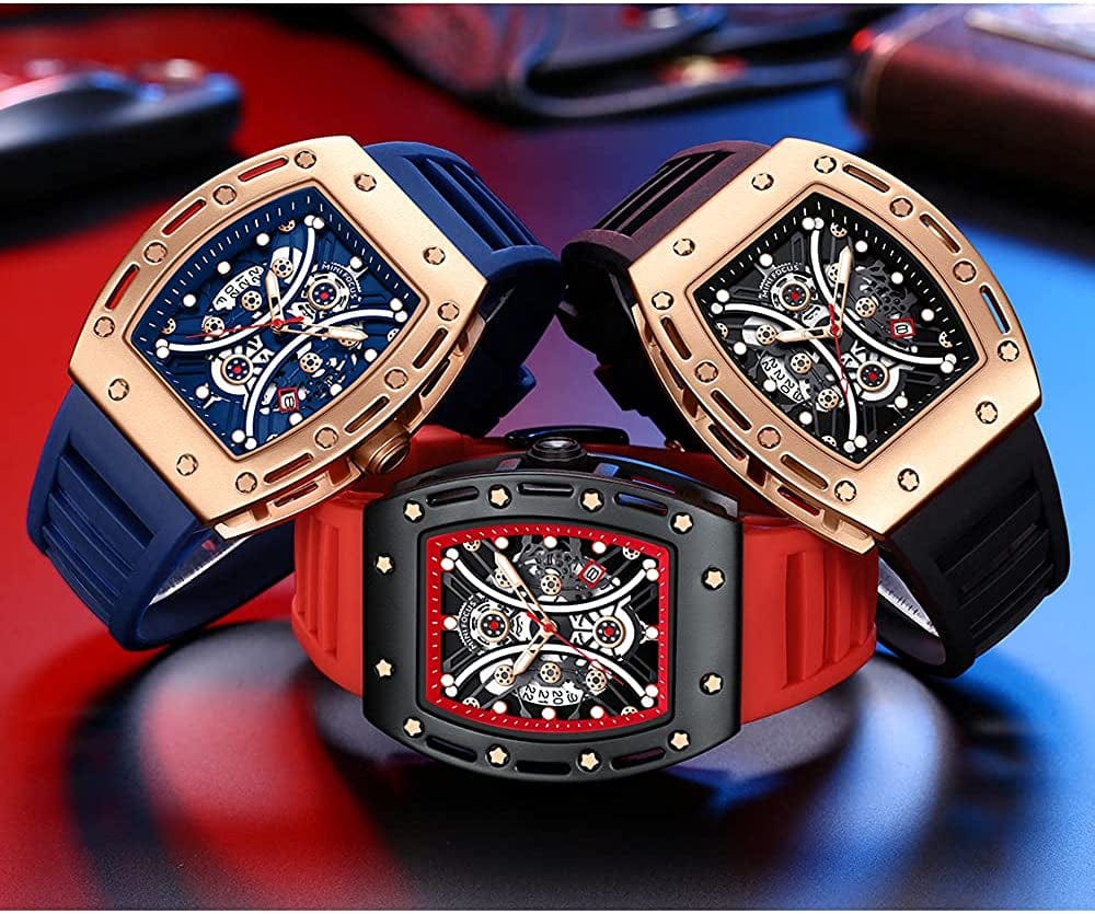 Watches for Men Luxury Skeleton Tonneau Watch for Men Waterproof Adjustable Silicone Strap Steampunk Style Chronograph Calendar Date Business Luminous Cool Large Square Face Wristwatch