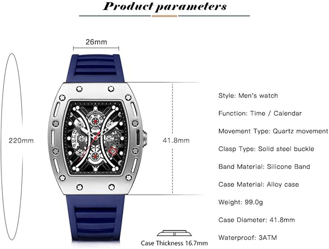 Watches for Men Luxury Skeleton Tonneau Watch for Men Waterproof Adjustable Silicone Strap Steampunk Style Chronograph Calendar Date Business Luminous Cool Large Square Face Wristwatch