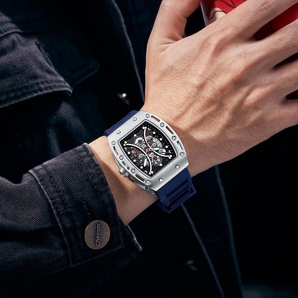 Watches for Men Luxury Skeleton Tonneau Watch for Men Waterproof Adjustable Silicone Strap Steampunk Style Chronograph Calendar Date Business Luminous Cool Large Square Face Wristwatch