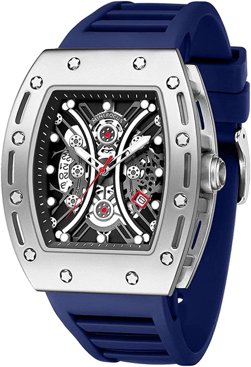 Watches for Men Luxury Skeleton Tonneau Watch for Men Waterproof Adjustable Silicone Strap Steampunk Style Chronograph Calendar Date Business Luminous Cool Large Square Face Wristwatch Silver blue